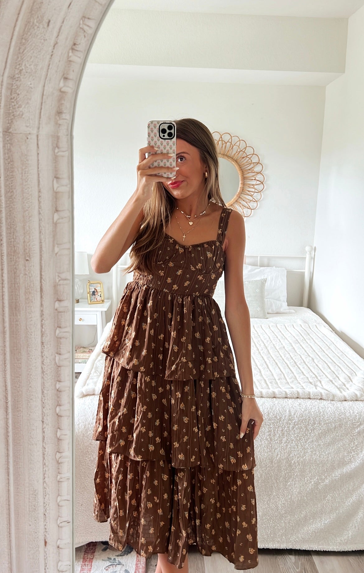 AMBER TIERED MIDI DRESS - BROWN AND BLACK