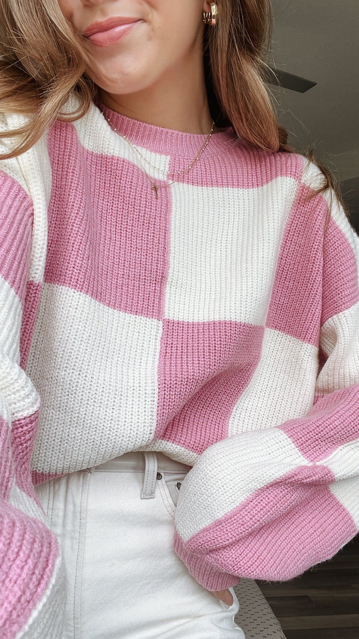 PINK CHECKERED KNIT TOP